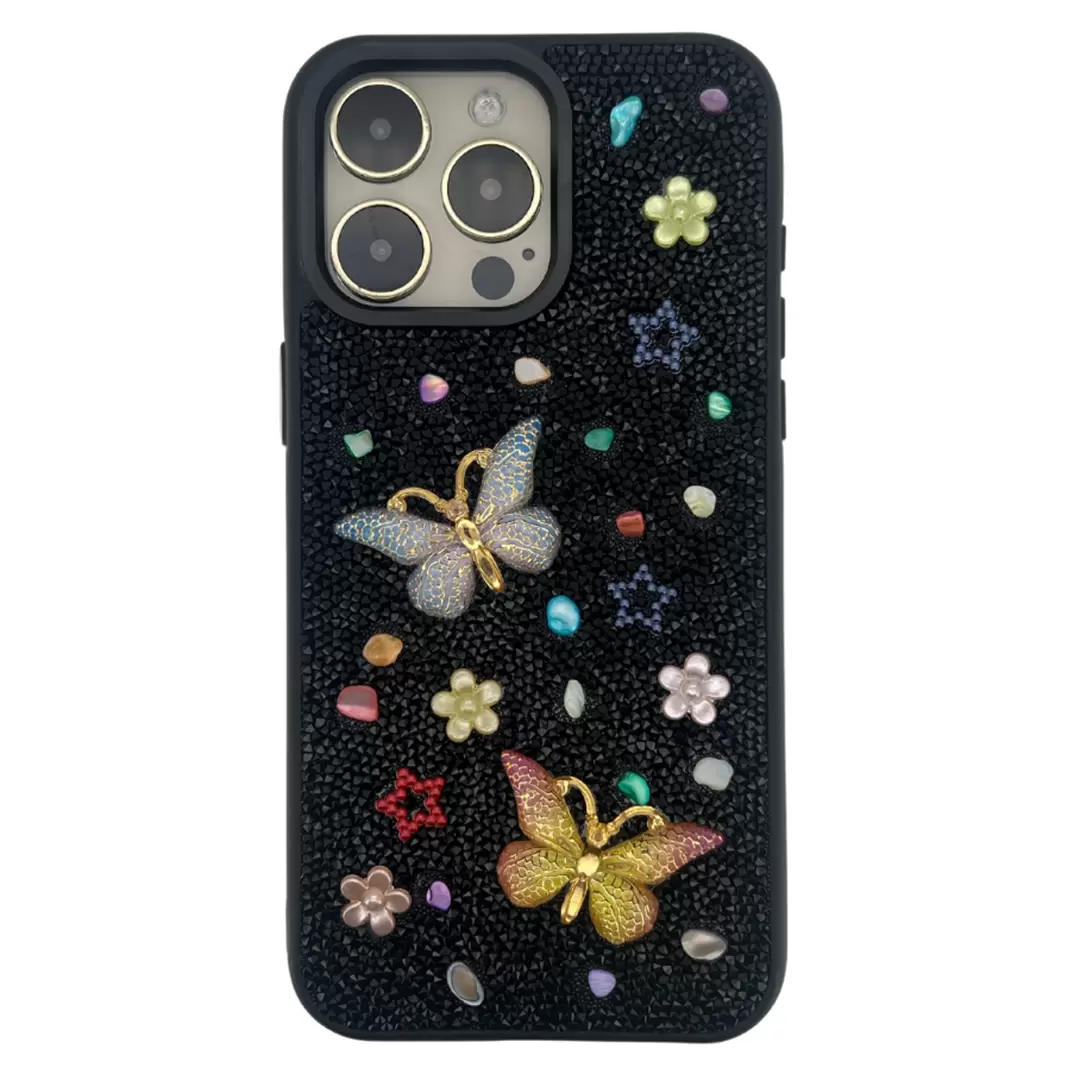 iPhone 15 Pro Max/iPhone 14 Pro Max Butterfly and Diamond Bling Case Black